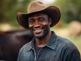 Smiling farmer in a hat poses on sunny day
