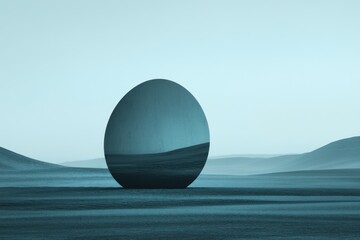 Surreal landscape with giant reflective sphere in serene desert environment
