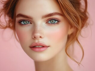 Fototapeta premium K-beauty aesthetics in a studio beauty shoot, youthful woman with a fresh and radiant complexion, delicate pink tones enhancing her skin.