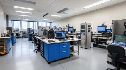 A modern electronics lab filled with oscilloscopes, power meters, and diagnostic tools