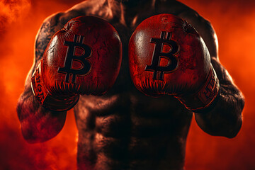 Close-Up of Boxer with Bitcoin Symbol on Red Gloves – Cryptocurrency and Fighting Spirit Concept