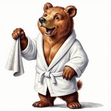 Adorable Brown Bear in White Bathrobe Holding Towel Against White Background. A bear in a white robe holding a white towel.