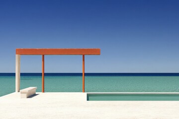 Minimalist architecture the serene seaside, azure ocean blue sky