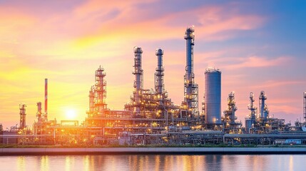 Fototapeta premium A modern petrochemical refinery with steam rising from distillation towers