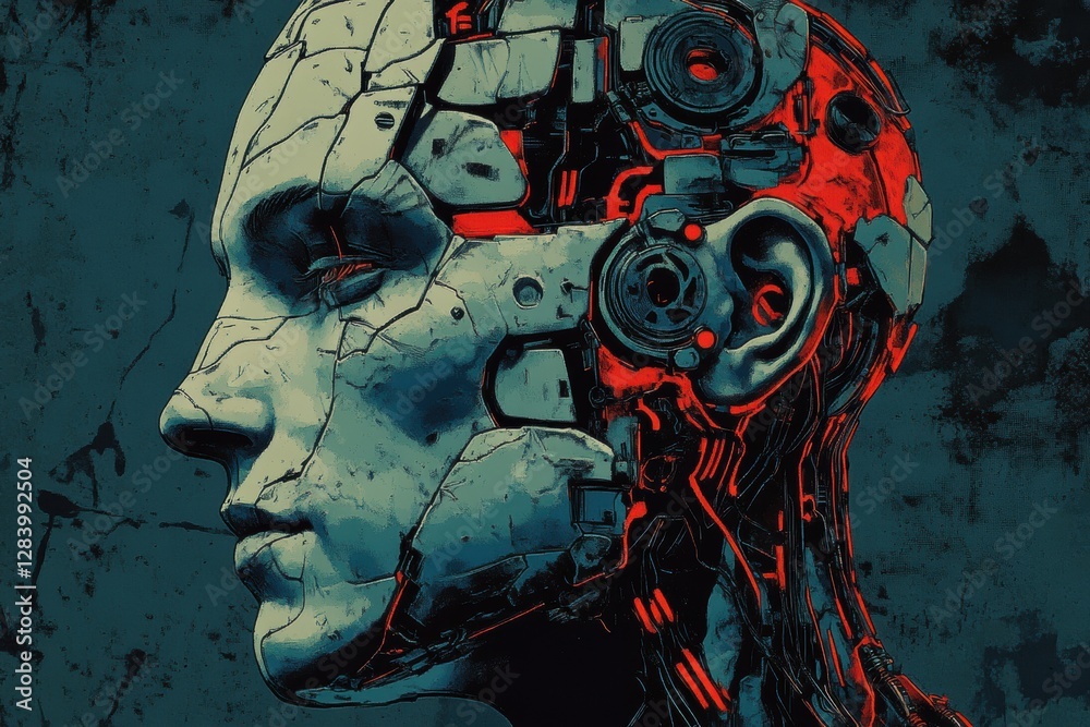 Leinwandbilder human head outline merging organic and mechanical features, showcasing detailed cybernetic design an