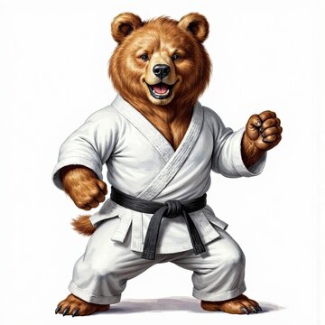 Brown Bear in White Karate Kimono and Black Belt Against a Clean White Background. A bear in a karate kimono poses for a picture.