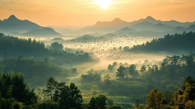 Misty mountain sunrise, birds flying, valley landscape