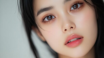 Asian model posing with an elegant expression, subtle smile, glowing skin, refined makeup look, professional beauty photography captures her stunning features beautifully.