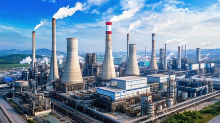 Obraz premium A network of massive cooling towers in a petrochemical refinery under blue skies
