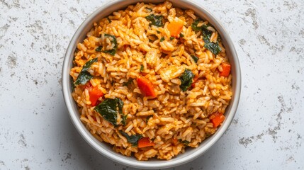 Overhead shot of Red Pork Rice on a plain surface. 