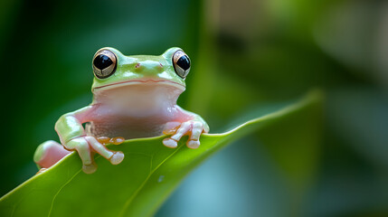 Photograph of a green tree frog sitting on a leaf
