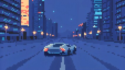 Nighttime city traffic with cars on the road and buildings in the background