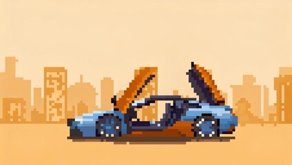 Pixelated Blue and Orange Hypercar with Open Doors in Desert Cityscape: Retro Showcase