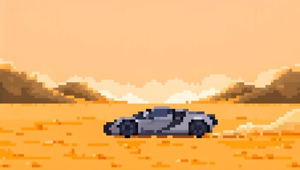 Pixelated Silver Hypercar Racing in Desert: Retro Speed Adventure