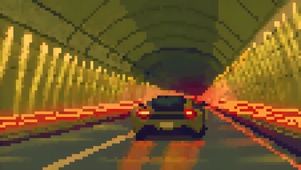 Pixelated Black Car Racing Through Neon-Lit Tunnel: Retro Speed Thrill