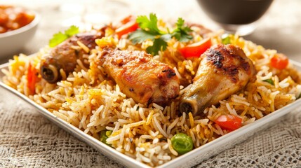 Fototapeta premium Portion of Chicken Biryani served with freshly chopped salad on the side, no background. 