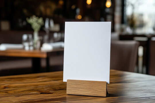A blank mock up white menu card in a wooden holder on a restaurant background, ideal for mockups or text, logo placement