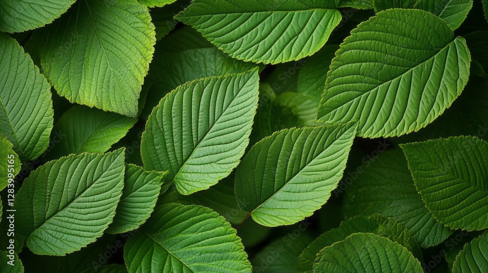 Poster Captivating close up of lush green leaves highlights the intricate textures and lively patterns. Sunlight filters through, creating a serene and refreshing atmosphere in nature's embrace