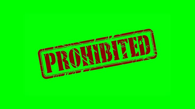 Animated "PROHIBITED" rubber stamp seal with bold red text, featuring a zoom and hit effect on a green screen background for restricted areas, banned actions, and security warnings