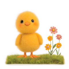 cute yellow chick stands on green grass surrounded by colorful flowers