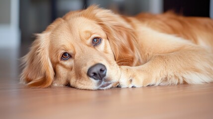 Golden Retriever resting on floor, indoor shot, closeup view, pet