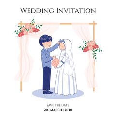 Muslim Wedding Invitation with Couple and Backdrop Illustration