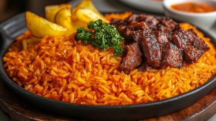 Red Pork Rice with green garnish on a clean background. --chaos 20 --ar 16:9 --quality 2 --v 6.1 Job ID: 9690f5bf-8e3c-4419-967d-9af94a868edc