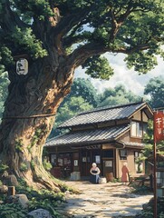 Fototapeta premium Ancient Japanese Tea House: A charming traditional Japanese tea house nestled under the sprawling branches of an ancient tree, capturing the tranquility and timeless beauty of the landscape. 
