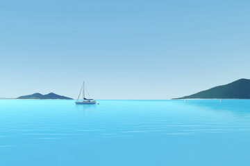 Obraz premium tropical island in the ocean, sailing boats on the sea, flat illustration, perfect travel destination, landscape poster