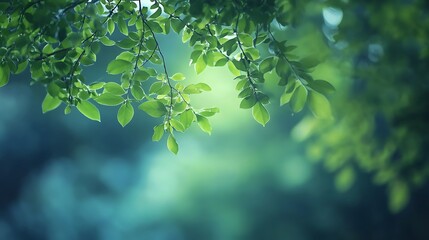 Fototapeta premium Fresh green leaves gently lit by light through a blurred background