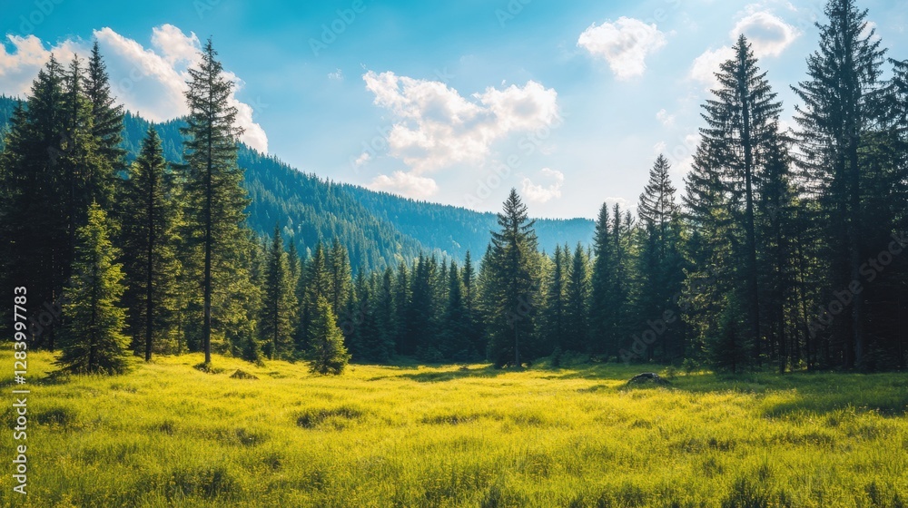 Poster lush green meadow surrounded by tall pine trees under a bright sunny sky in the mountains. generativ