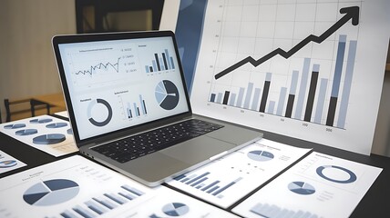 Analyzing business data and growth. Laptop and reports. Blue graphs and charts on laptop screen.