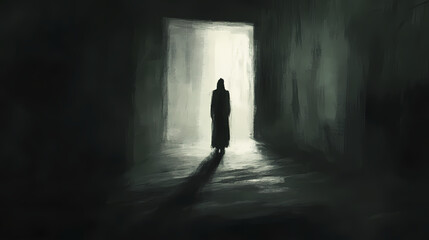 Obraz premium Ghostly figure in a dark room. Flickering Phantoms in the Mist. Illustration