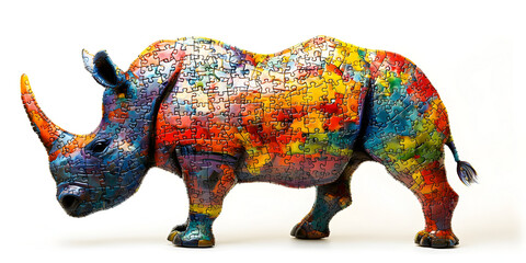 Colorful Rhino Puzzle Art with Vivid Jigsaw Pieces on a White Background – Unique Wildlife Conservation Concept