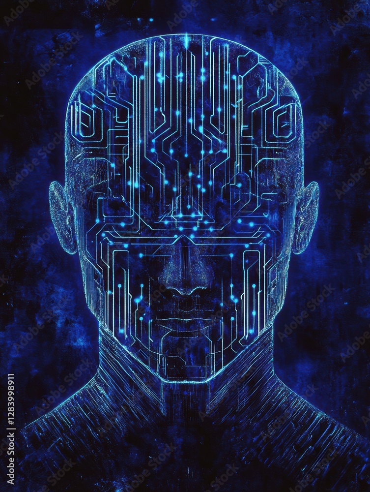 Poster human head silhouette with glowing circuit board design showcasing futuristic ai technology in a vib