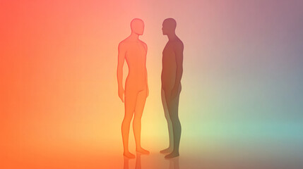 Minimalist design with two abstract human figures connected by a glowing bond, symbolizing unity, teamwork, and the power of human collaboration and connection.