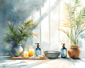 serene spa setting with plants, candles, and essential oils, creating calming atmosphere