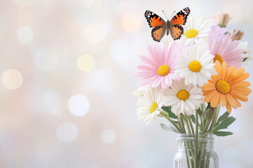 Butterflies hovering around a bouquet of colorful flowers, warm and dreamy bokeh background.