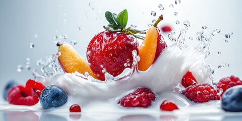 Fresh Fruit Splash in Milk with Vibrant Colors and Dynamic Motion