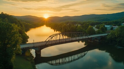 Fototapeta premium Yoga for a healthy lifestyle! Join us on the bridge at sunset for a balanced practice that combines meditation and energy yoga, surrounded by nature's beauty.