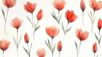 Fototapeta premium Floral pattern with watercolor red flowers drawn by hand. 