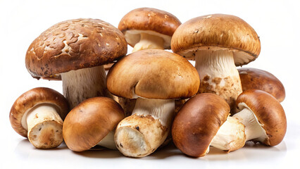 Fototapeta premium Stout porcini mushrooms with white background, Sunlight emphasizes their meaty caps. Alpine meadow backdrop. 
