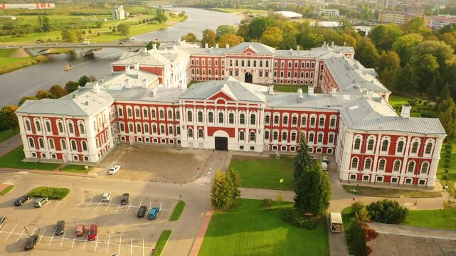 Aerial 4K video from drone to the city of Jelgava, Zemgale Palace in LLU Latvia. The largest baroque castle in the Baltics, located on the banks of the Rielpe River. Latvia, Jelgava, Zemgale