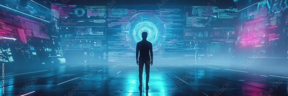 Aufkleber Human silhouette surrounded by futuristic AI graphs and data visualizations in a digital environment. Generative AI