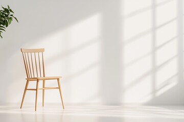 Minimalistischer Holzstuhl im Sonnenlicht mit Schattenwurf

