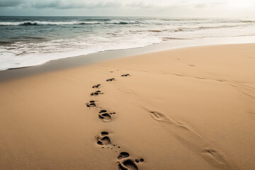 Sandy beach with a row of footprints in the sand.