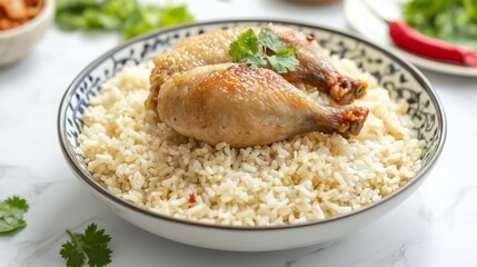 Steamed rice with roasted chicken pieces, captured with a clean white backdrop. --chaos 20 --ar 16:9 --quality 2 --v 6.1 Job ID: 9f2f710e-6f6c-4a45-b861-3af39acdc683