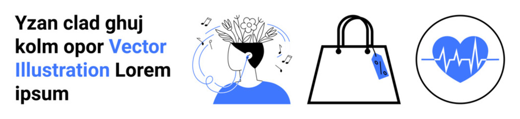 Person listening to music with creative brain elements, handbag with tag, heart pulse icon. Ideal for self-care, mental health, retail, fashion, wellness, fitness flat landing page banner