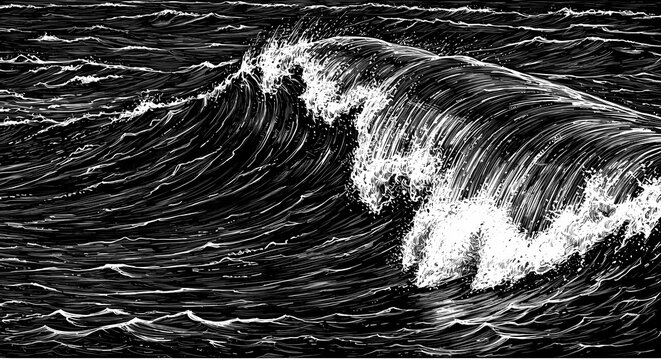 Dramatic Ocean Wave with Swirling Foam, Showcasing the Power and Beauty of the Sea, Black and White Sketch Engraving, Scratch Board Imitation, Raster Illustration