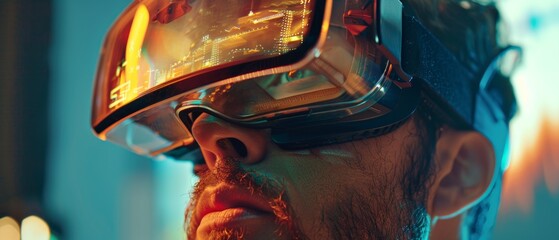 A man wearing VR goggles, immersed in virtual reality, perfect for tech and gamification content.